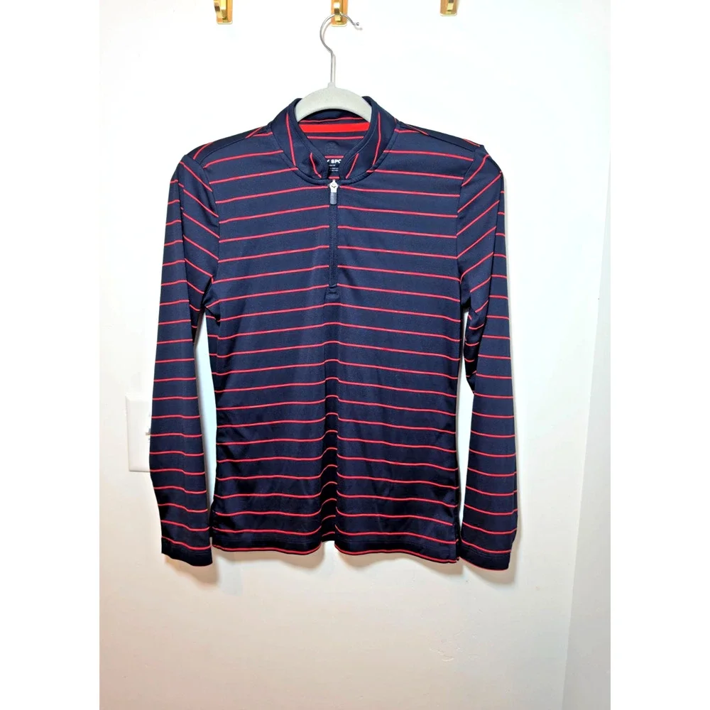 Tory Burch Sport Striped Navy 1/4 Zip Pullover Womens Size XS Golf Tennis Top